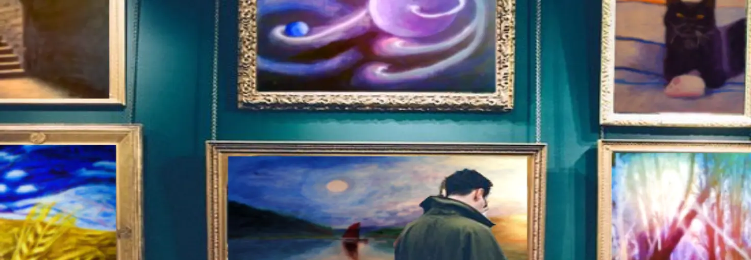 Man in gallery - Wendy Webster's paintings are hanging on the wall - Rectangle size image