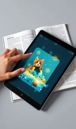 Printed book with Ipad placed on it it. The Ipad shows a picture of a cat.