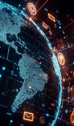 A dark transparent planet Earth that transmits glowing social media symbols