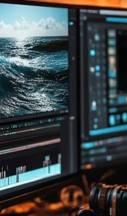 Two screens sitting side by side, displaying a video editing programme.